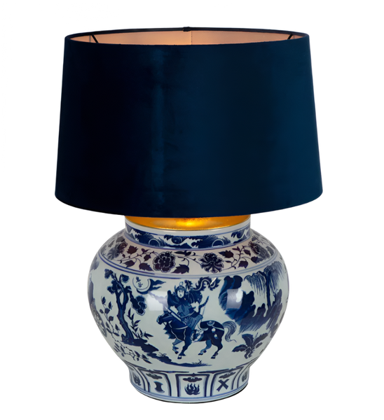 Woodland Lamp Blue and White with Blue Velvet Shade