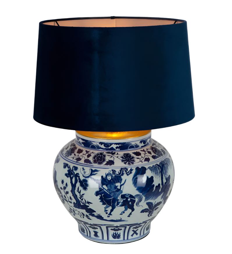 Woodland Lamp Blue and White with Blue Velvet Shade