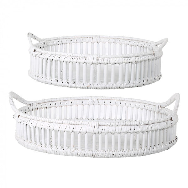 Set of two white rattan round trays with woven handles, nested together