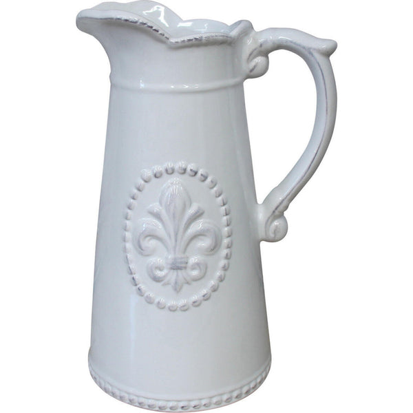 Tall off-white ceramic jug with embossed fleur-de-lis detail and curved handle
