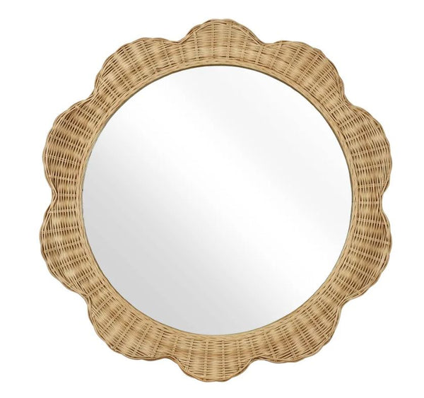 Belle scalloped round rattan wall mirror in natural wicker