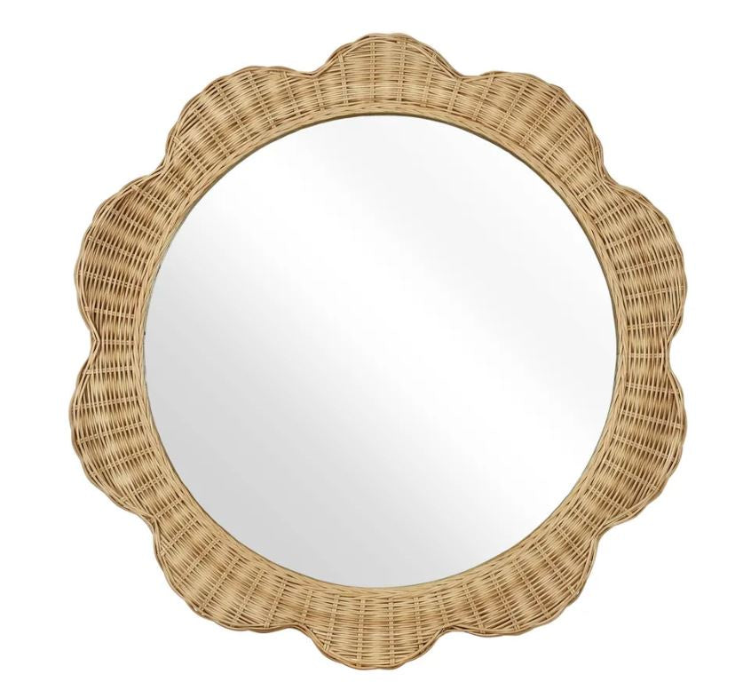 Belle scalloped round rattan wall mirror in natural wicker