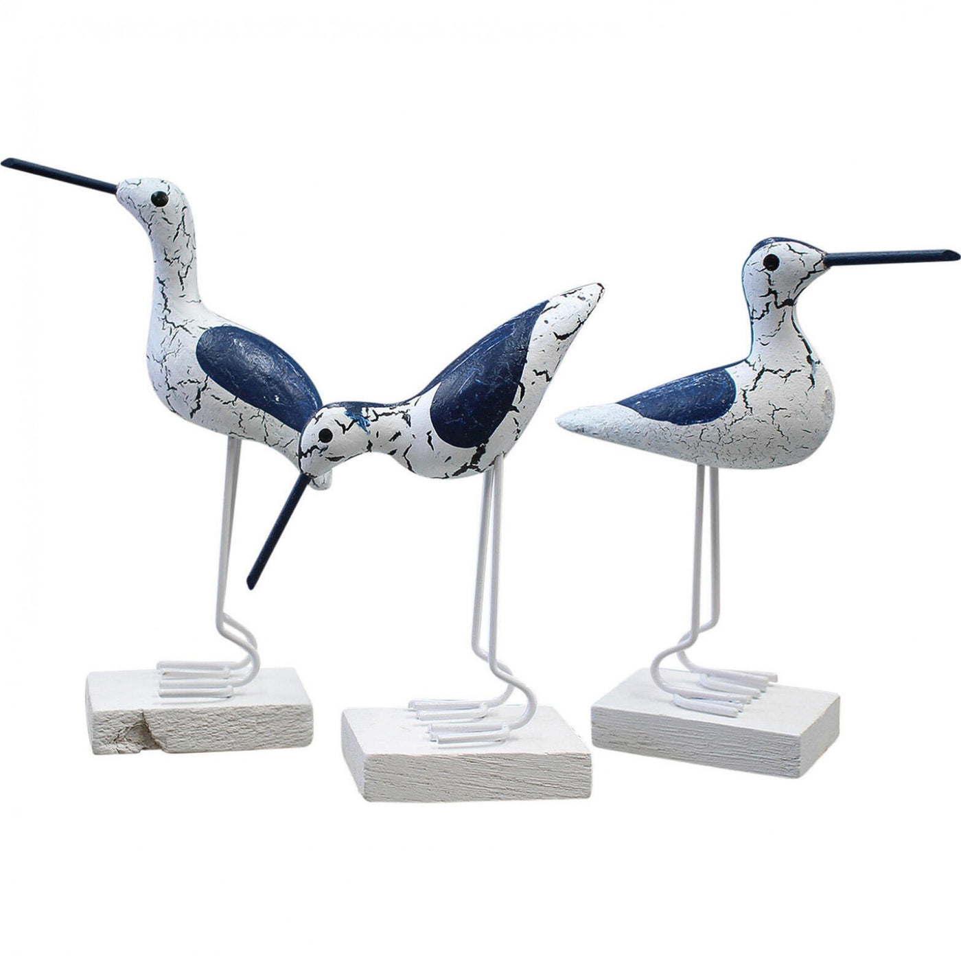 Set of three navy and white decorative coastal birds on white bases, perfect for Hamptons-style home décor.