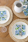 Blue hydrangea lunch napkin with floral pattern, blue and white paper napkin for coastal table setting