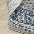 Round blue and ivory rug with classic distressed pattern, Bridgeport Blue Rug Round showing underneath side of the rug