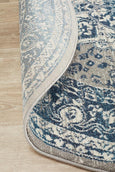 Round blue and ivory rug with classic distressed pattern, Bridgeport Blue Rug Round showing underneath side of the rug