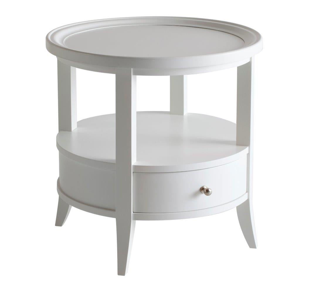 White round side table with drawer and lower shelf
