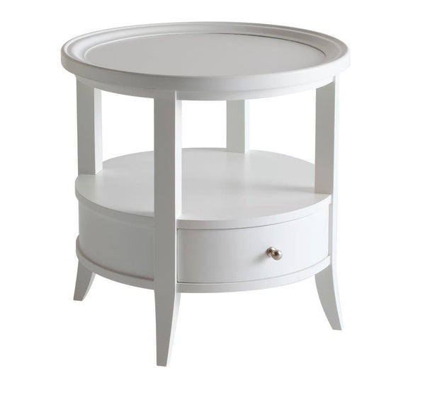 White round side table with drawer and lower shelf