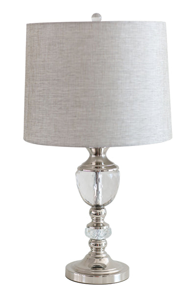 crystal table lamp with nickel base and natural fabric shade on white desk