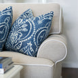 East Hampton Sofa in flax fabric with contrast white piping and skirted base
East Hampton Sofa styled in a Hamptons living room with blue and white décor