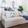 East Hampton Sofa in flax fabric with contrast white piping and skirted base
East Hampton Sofa styled in a Hamptons living room with blue and white décor