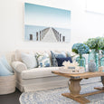 East Hampton Sofa in flax fabric with contrast white piping and skirted base
East Hampton Sofa styled in a Hamptons living room with blue and white décor