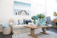 East Hampton Sofa in flax fabric with contrast white piping and skirted base
East Hampton Sofa styled in a Hamptons living room with blue and white décor