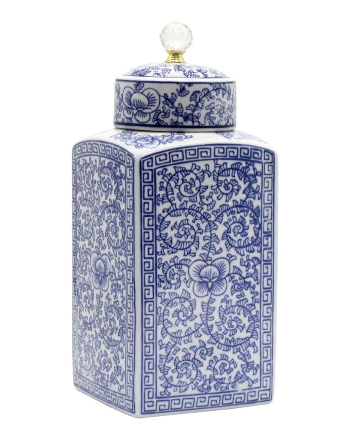 Blue and white ceramic floral canister with removable lid and crystal handle