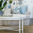 East Hampton Sofa in flax fabric with contrast white piping and skirted base
East Hampton Sofa styled in a Hamptons living room with blue and white décor