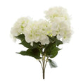 Artificial white hydrangea bundle with full blooms and green leaves on a stem