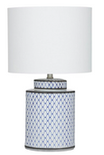 Leila Table Lamp with blue trellis porcelain base and white fabric shade.