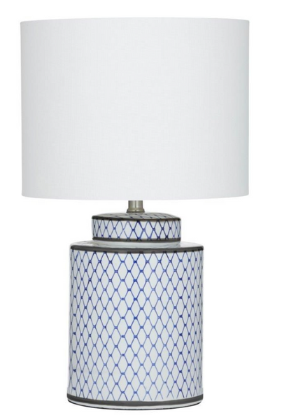 Leila Table Lamp with blue trellis porcelain base and white fabric shade.