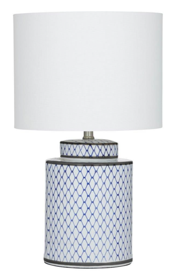 Leila Table Lamp with blue trellis porcelain base and white fabric shade.