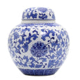 Blue and white lotus flower round ginger jar with classic chinoiserie floral pattern and matching lid