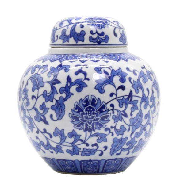 Blue and white lotus flower round ginger jar with classic chinoiserie floral pattern and matching lid