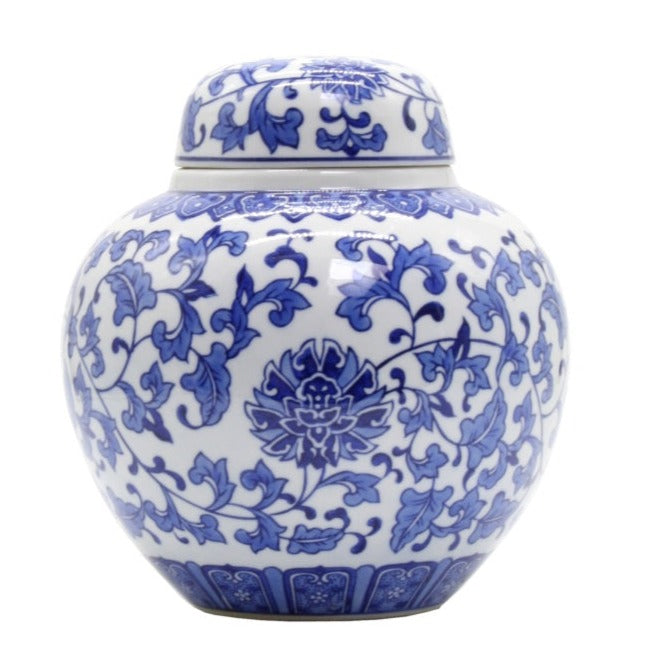 Blue and white lotus flower round ginger jar with classic chinoiserie floral pattern and matching lid