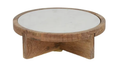 Round marble and mango wood footed serving board with white marble top and natural timber base.