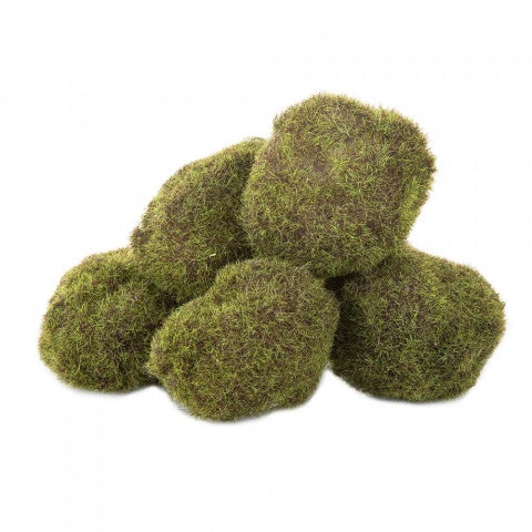 Set of six decorative faux moss balls in natural green, styled in a small pile.