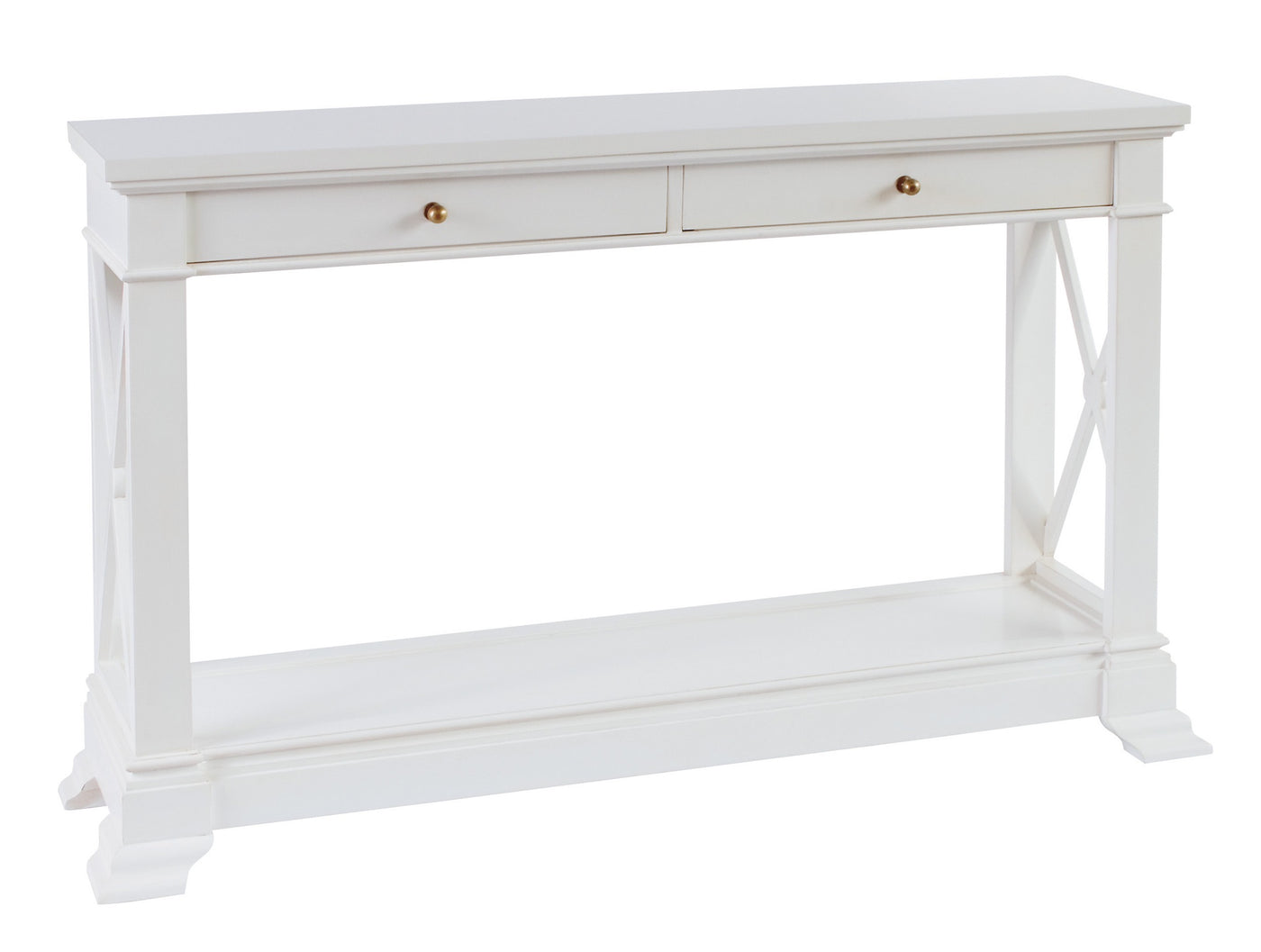 White Hamptons-style Nantucket hall table with two drawers and cross-side detailing
