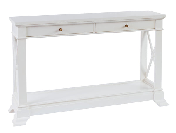 White Hamptons-style Nantucket hall table with two drawers and cross-side detailing