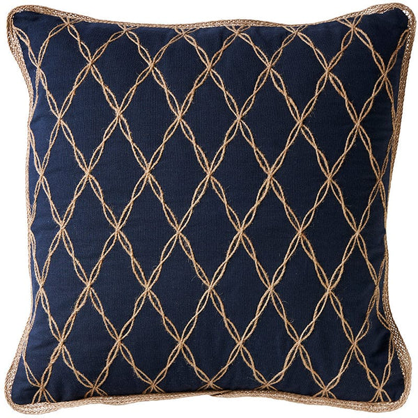 Navy cotton cushion with natural jute lattice detailing and jute-trimmed edging.
