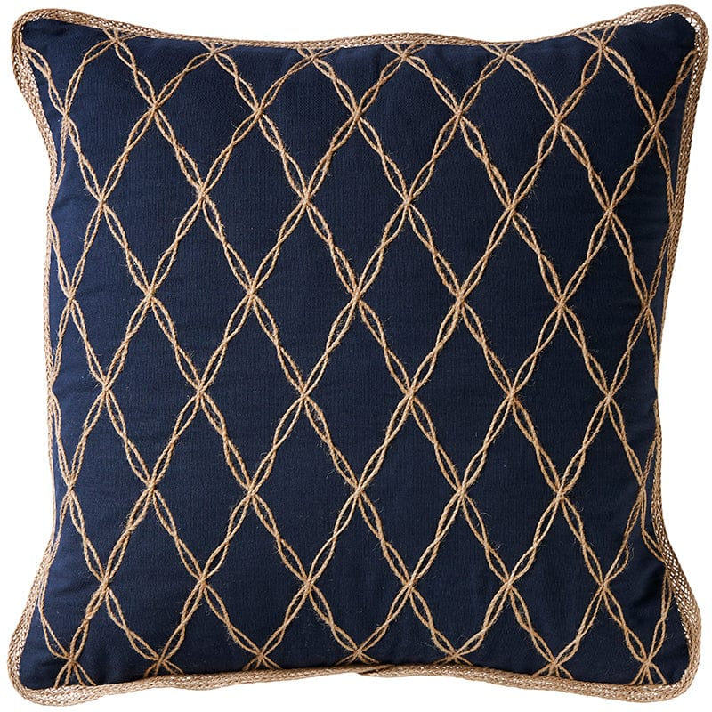 Navy cotton cushion with natural jute lattice detailing and jute-trimmed edging.