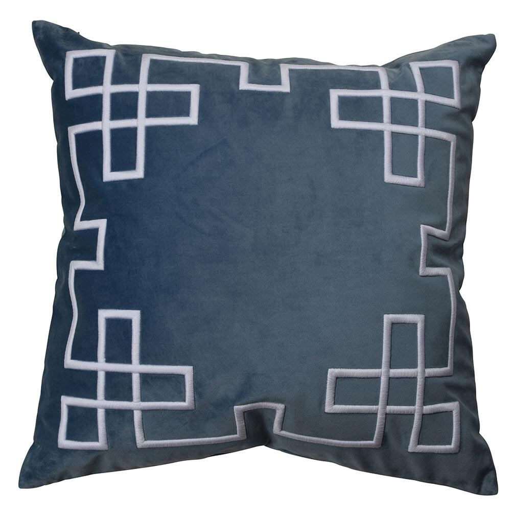 Palm Springs vintage blue velvet cushion cover with white embroidered border pattern