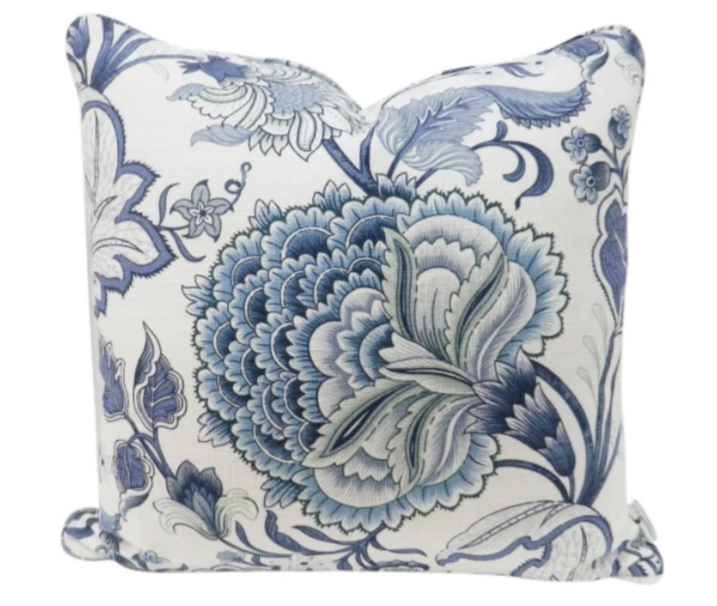 Portsea Cushion with blue floral pattern on neutral linen blend fabric, 50x50cm