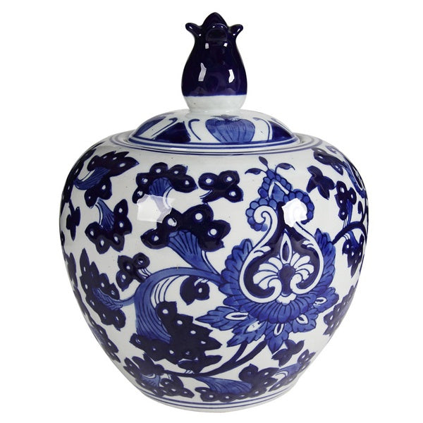 Blue and white ceramic posy jar with classic floral pattern and decorative lid, shown on a white background