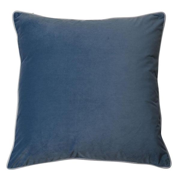 Dusty vintage blue velvet cushion with white piping – Rodeo Ocean Cushion by Hamptons Style