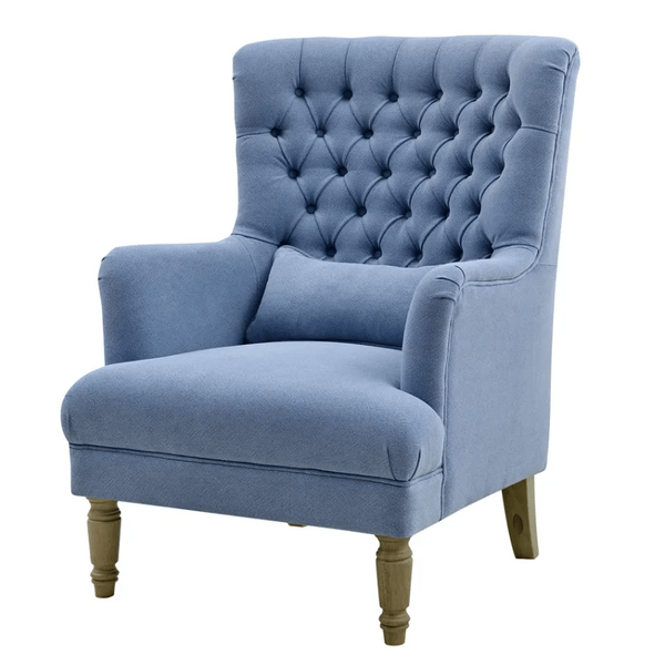 Bayside Slate Blue Hamptons Armchair with high button-tufted wingback, lumbar cushion and turned wooden legs.