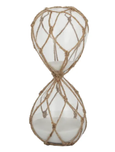 Small glass hourglass wrapped in natural rope with coastal, sculptural styling