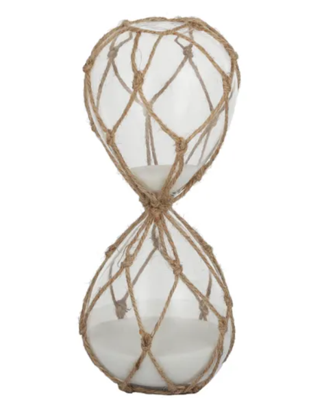 Small glass hourglass wrapped in natural rope with coastal, sculptural styling