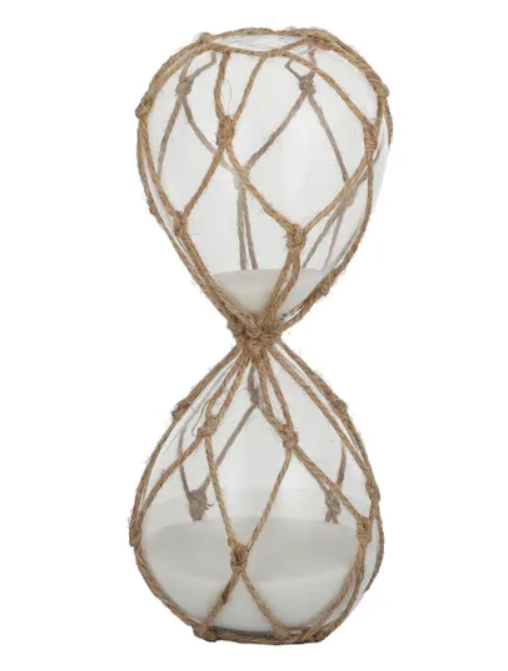 Small glass hourglass wrapped in natural rope with coastal, sculptural styling