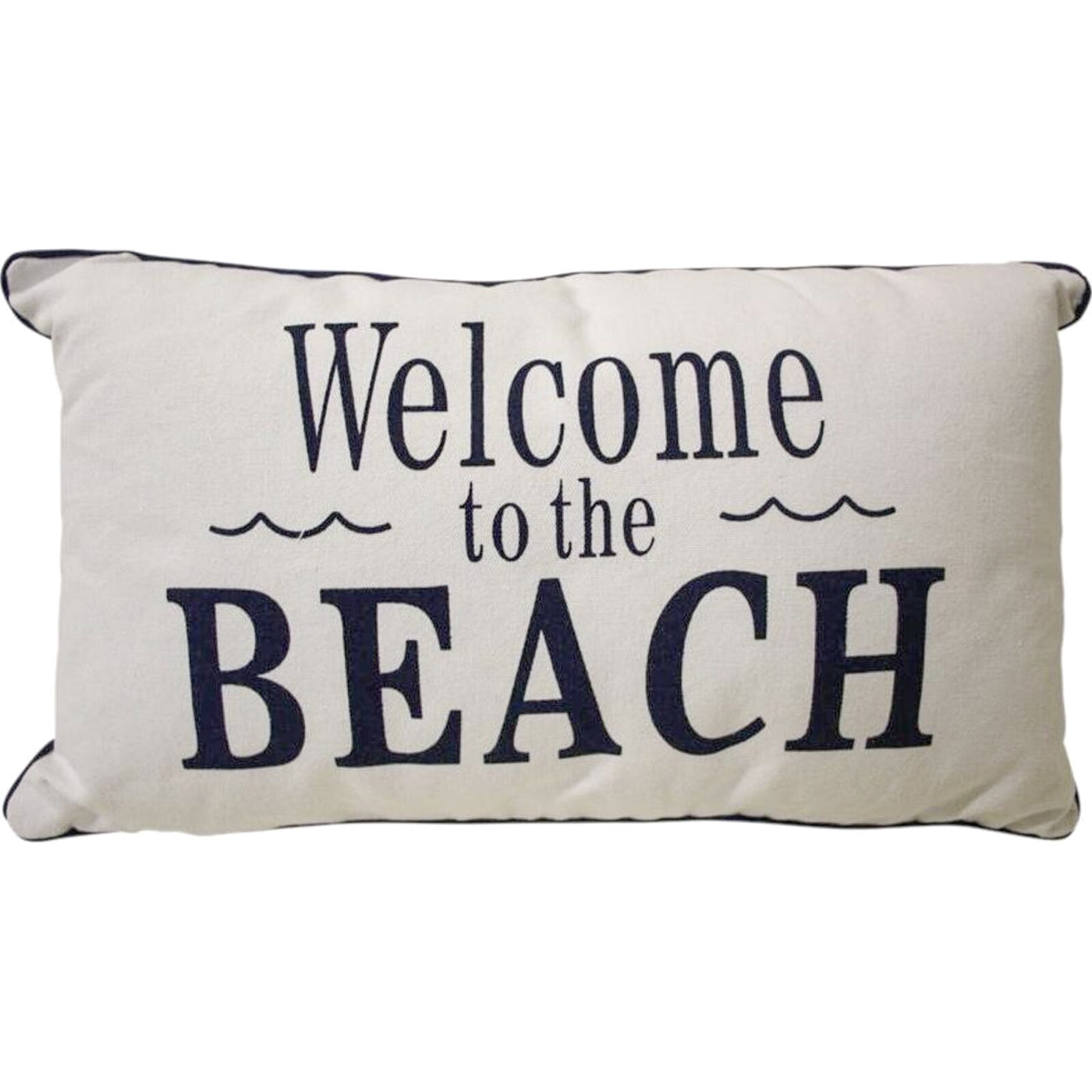 Rectangular cushion with “Welcome to the Beach” text in navy on a neutral background.