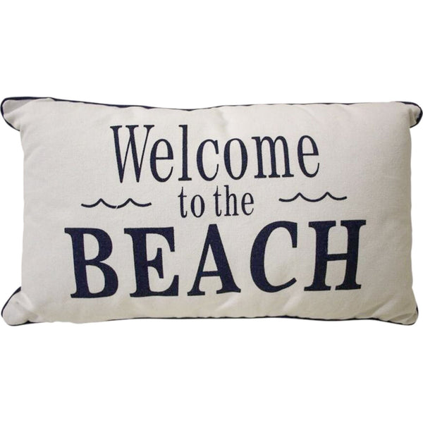 Rectangular cushion with “Welcome to the Beach” text in navy on a neutral background.